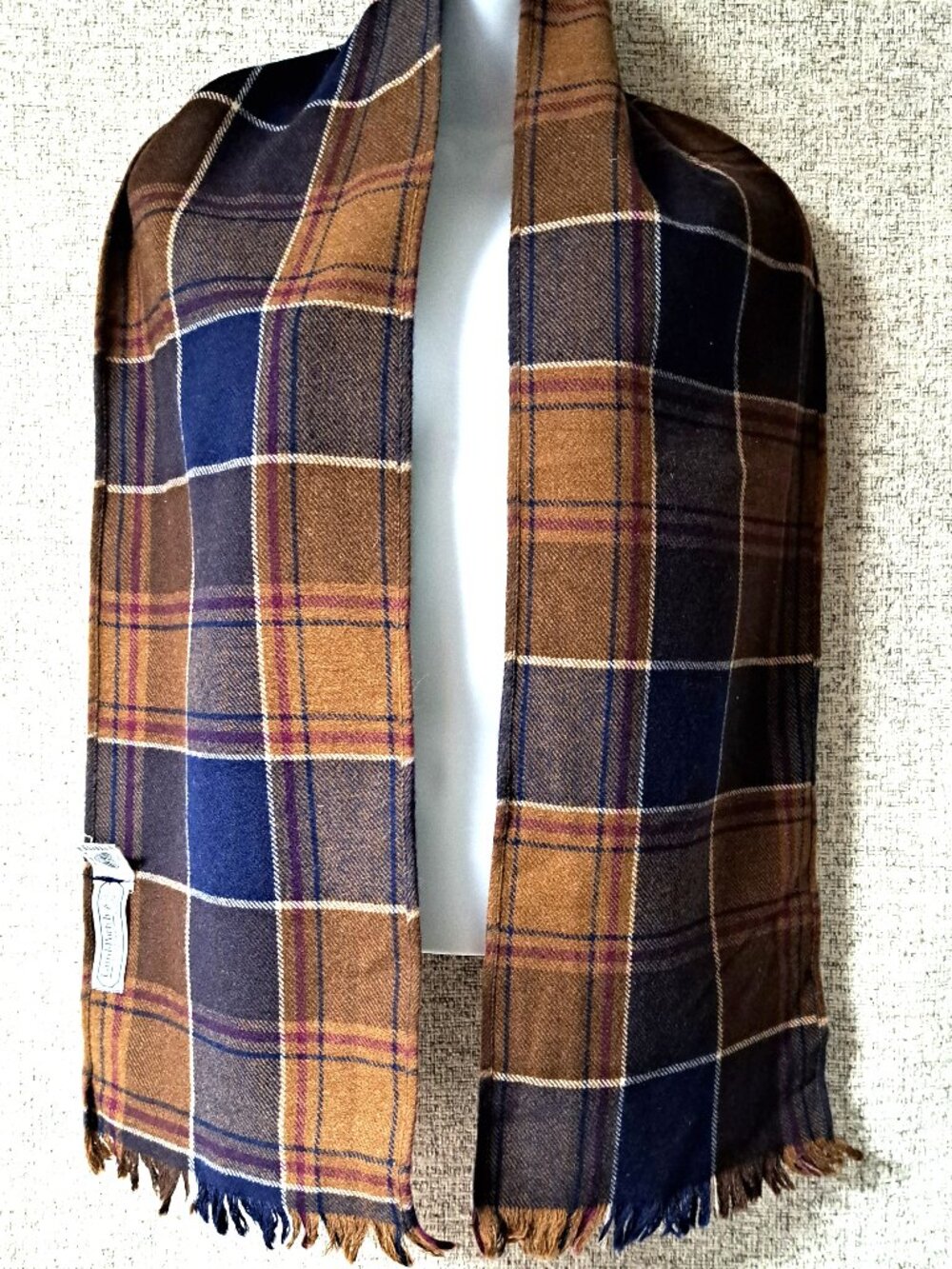 VINTAGE PLAID WOOL SCARF MADE IN SCOTLAND BY LAIRD PORTCH 60" LONG BLUE BROWN